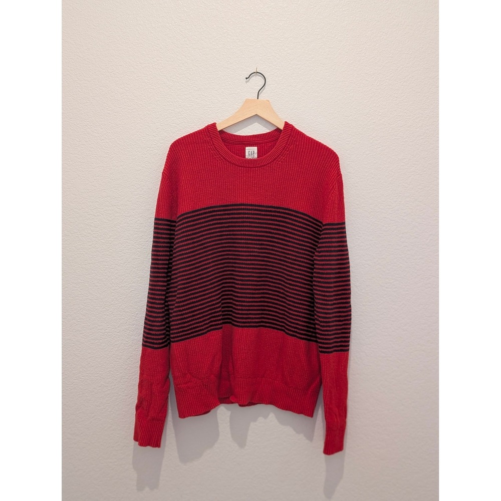 Gap Red Black Striped Ribbed Knit Crewneck Sweater Large
